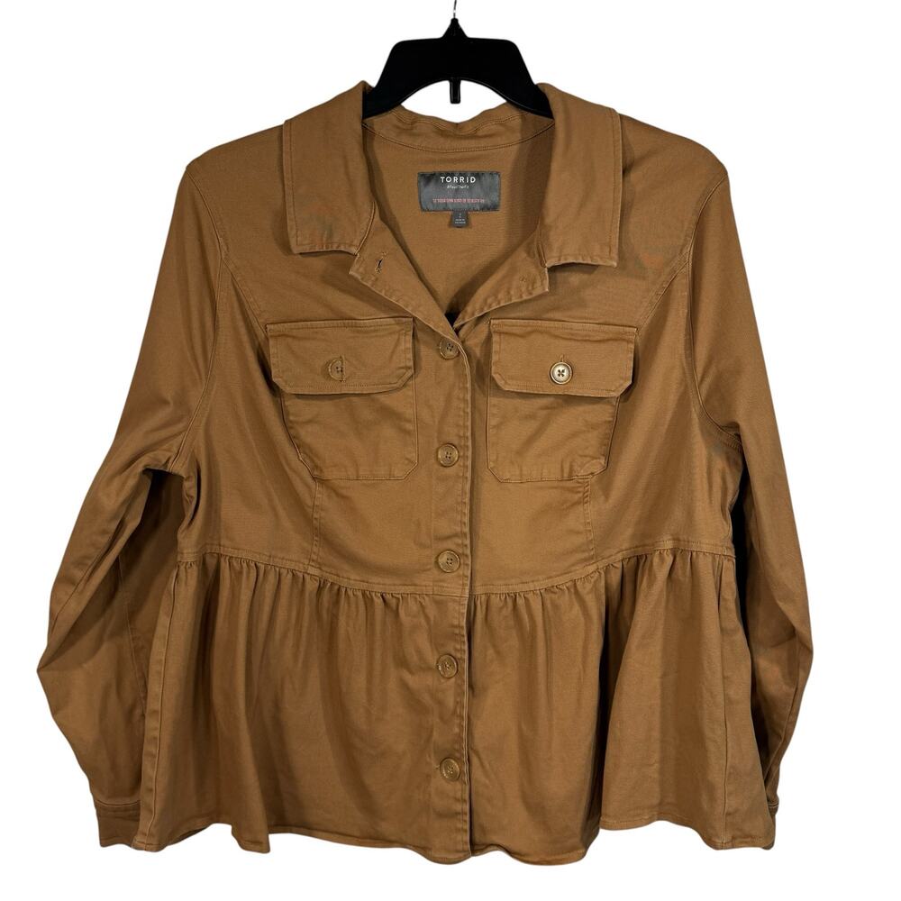 Torrid SZ 2 (2X-Large) Peplum Jacket Button-Up Long Sleeve Stretch Pockets Brown